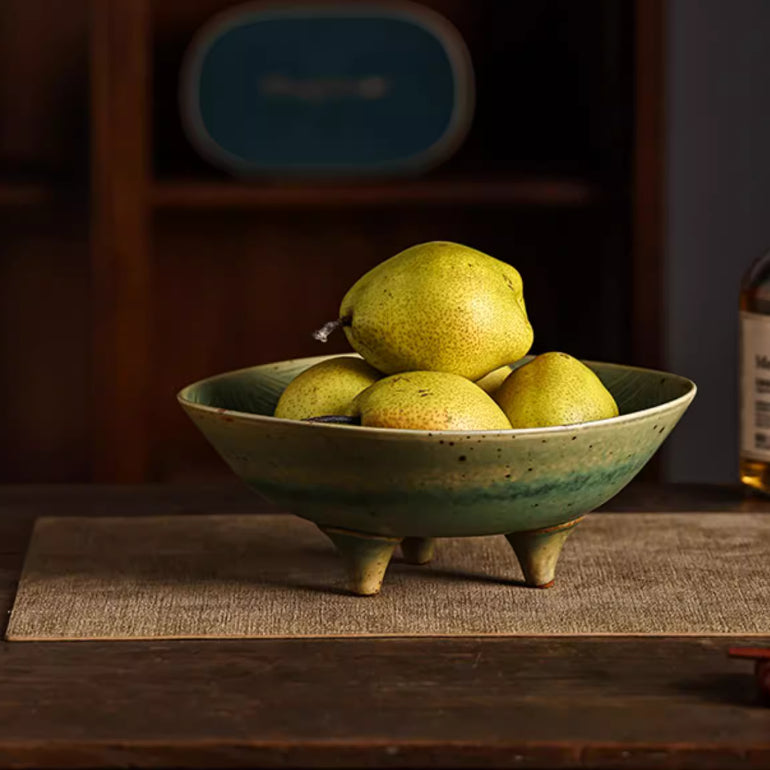 Japanese Style Coarse Ceramic Fruit Plate with Green Soup Bowl - Handmade Kitchen Serving Dish