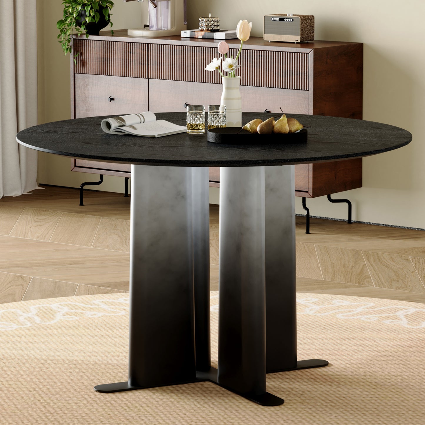 Round Black Wood Grain MDF Dining Table, & White Gradient Legs With