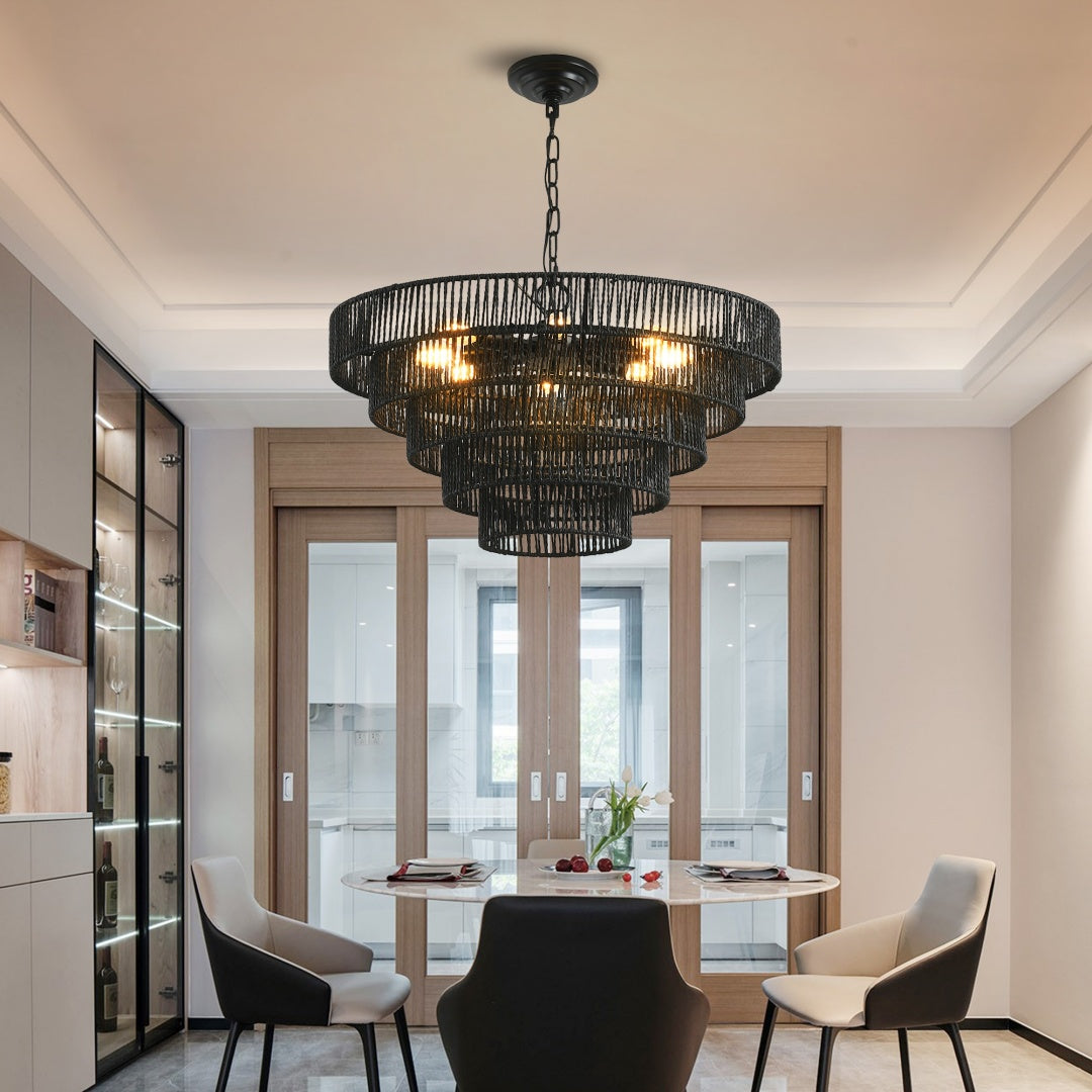 Rustic 5-Tier Black Hemp Rope Pendant Light Chandelier - 8 E12 Sockets