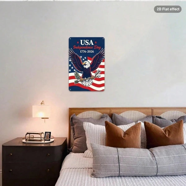 Patriotic Aluminum Tin Sign - Bald Eagle & American Flag Wall Art - 20x30 Inch