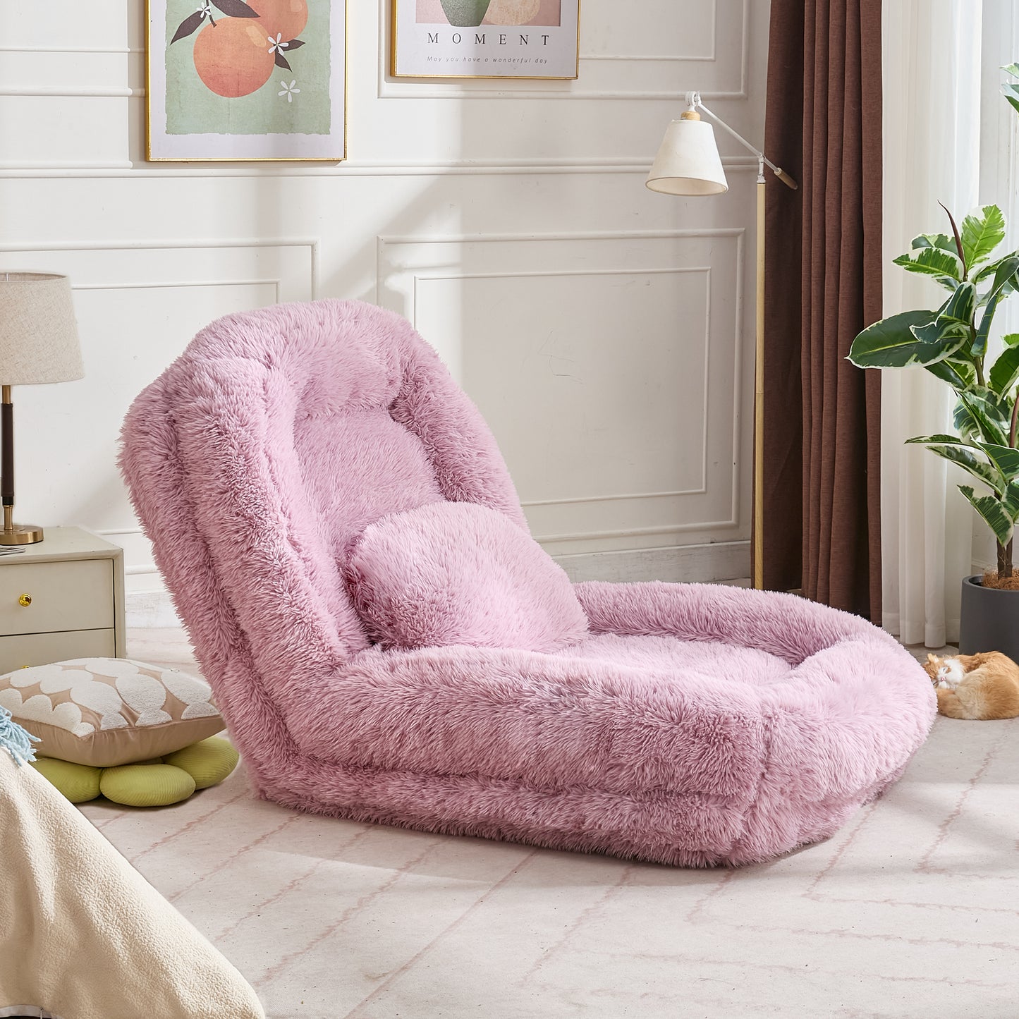 Adjustable Lazy Sofa Bed - Plush Fabric, Pink
