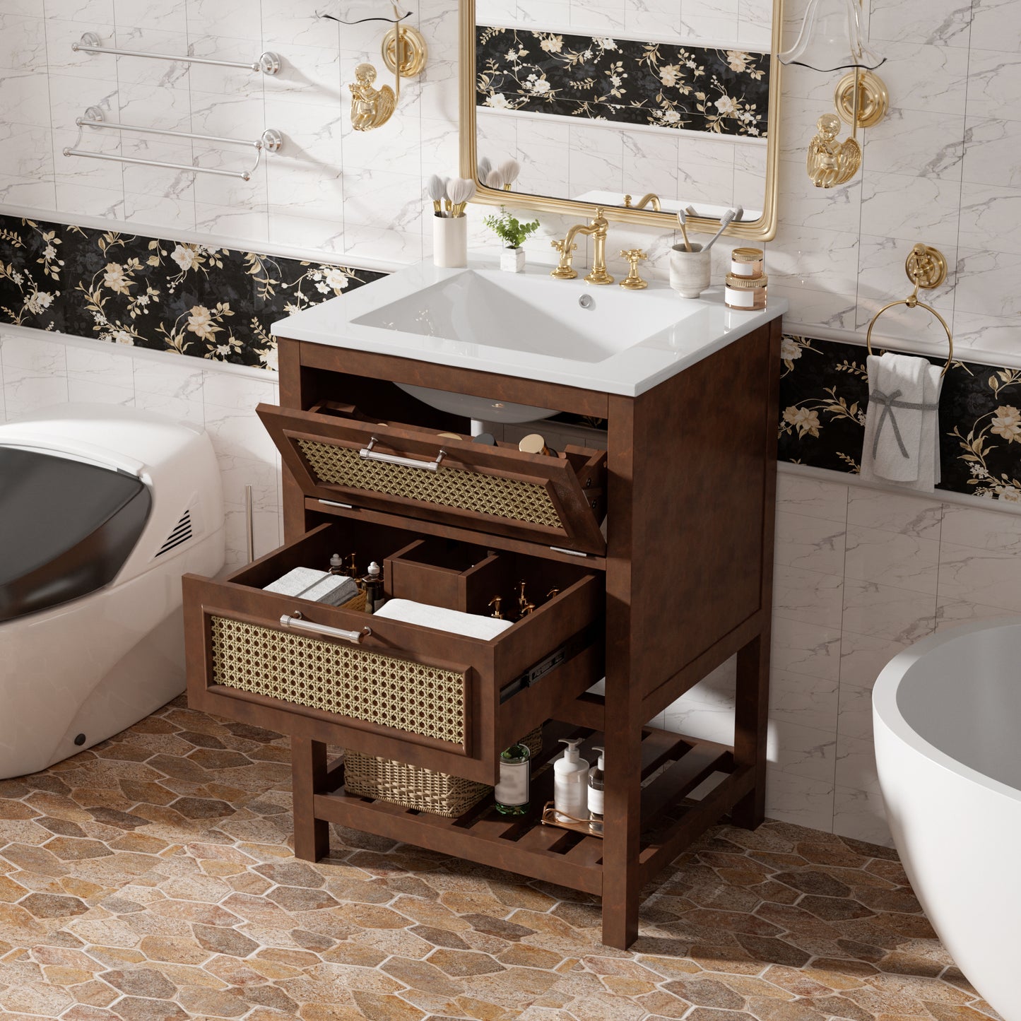 24" Bathroom Vanity with Integrated Ceramic Sink - Dark Brown
