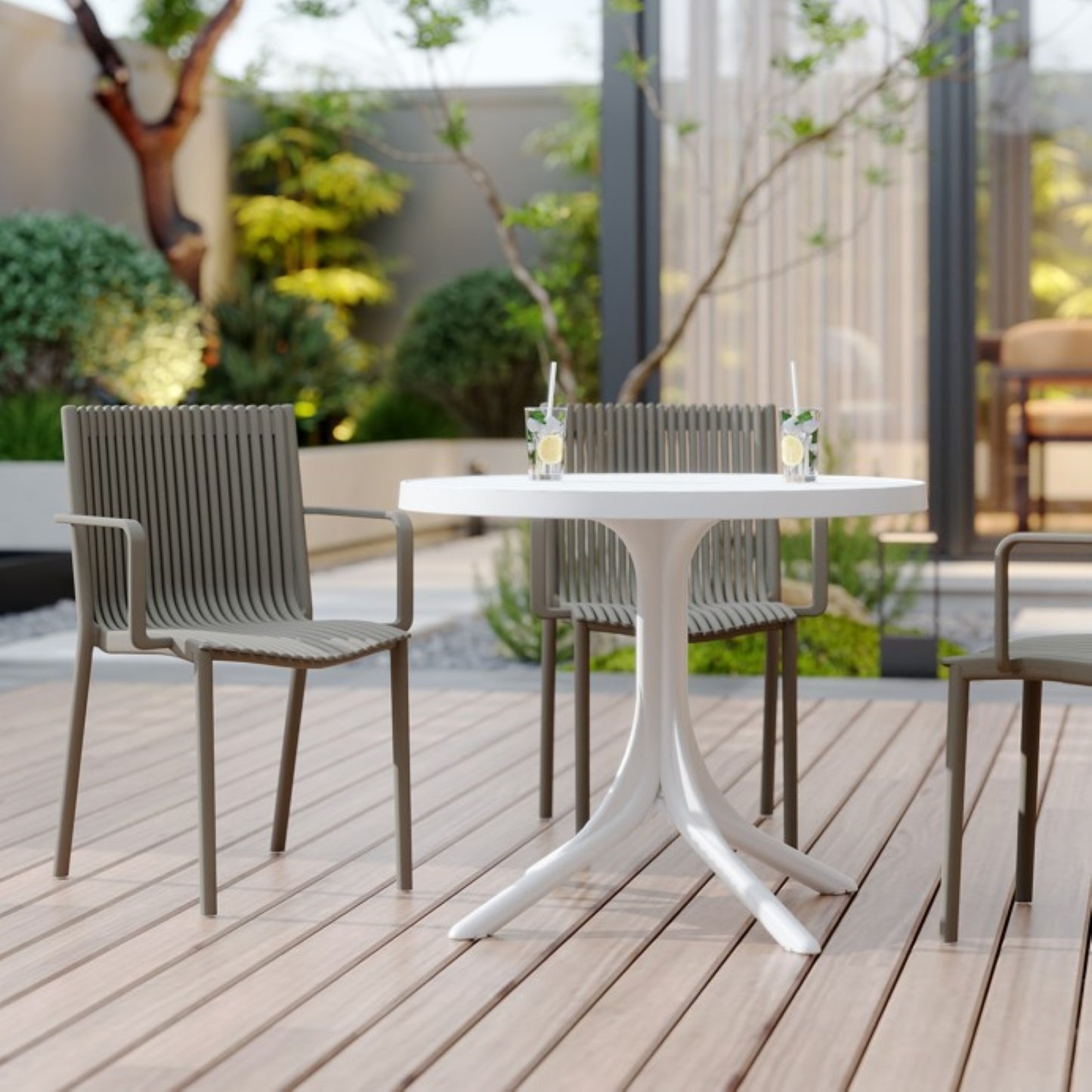 4-Piece Warm Grey Stackable Armchair & Round Table Set - Indoor/Outdoor