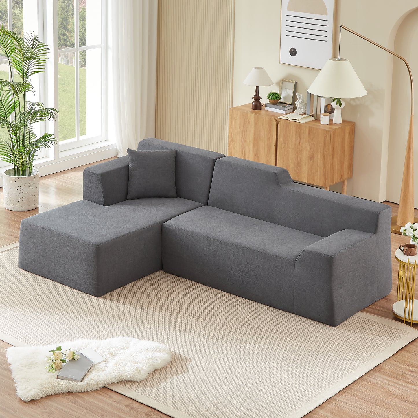L-Shaped Corduroy High Back Sofa - Modern Minimalist Design