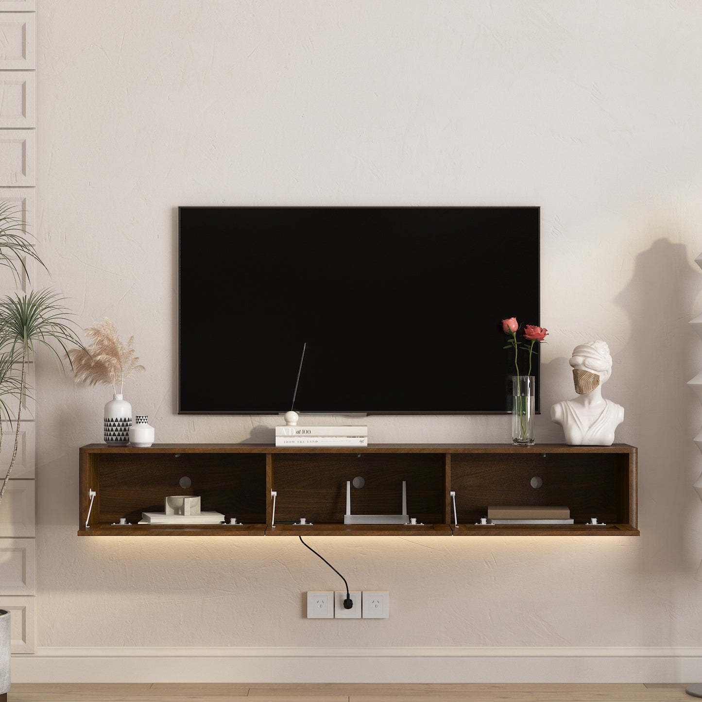 Floating TV Stand with LED Lights & Power Outlet - Wood Finish
