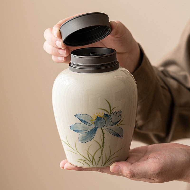 Ceramic Blue Lotus Tea Jar Sealed Storage Container - Hand Drawn Design