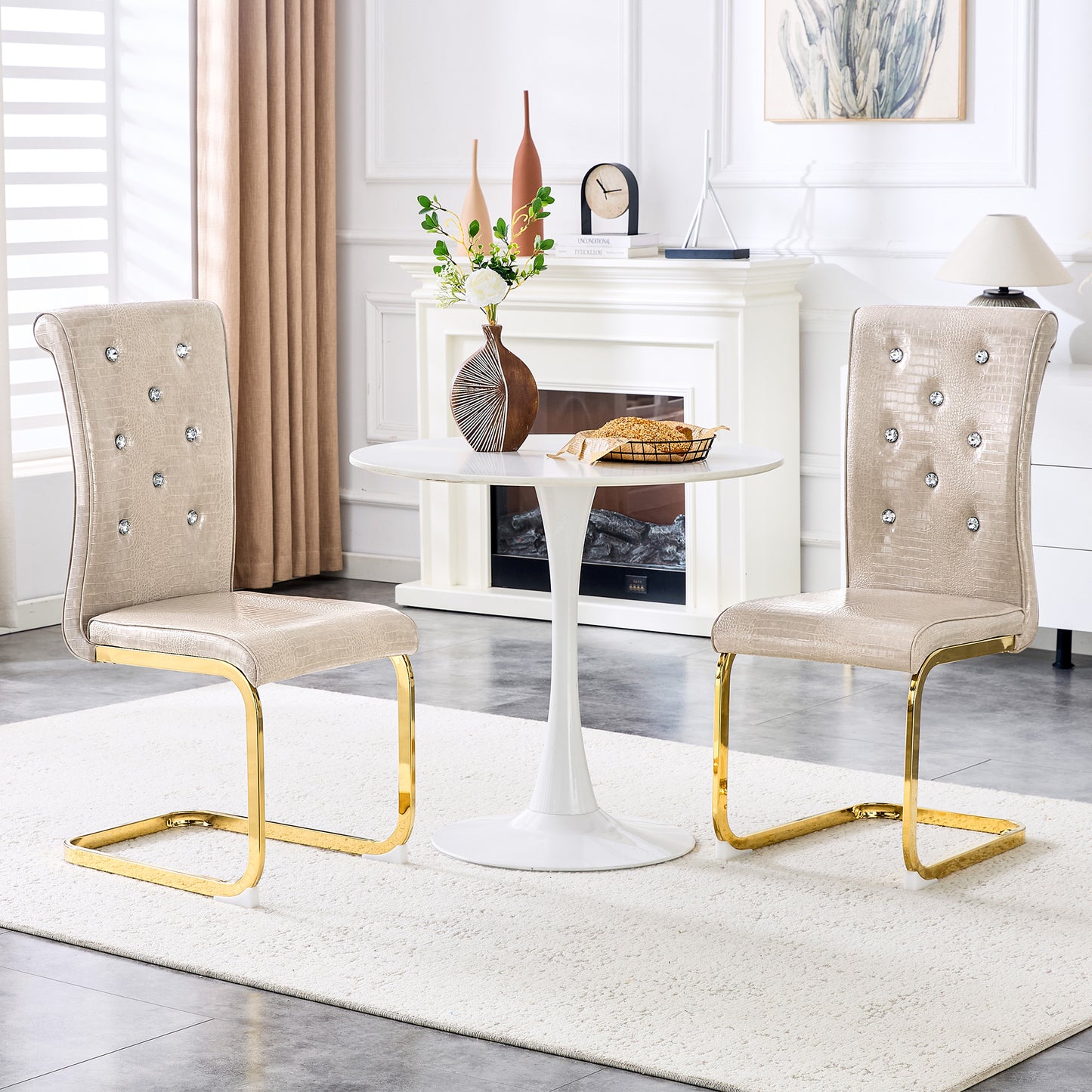 Set Of 2,Retro Alligator Skin Upholstered Dining Chairs,with Crystal