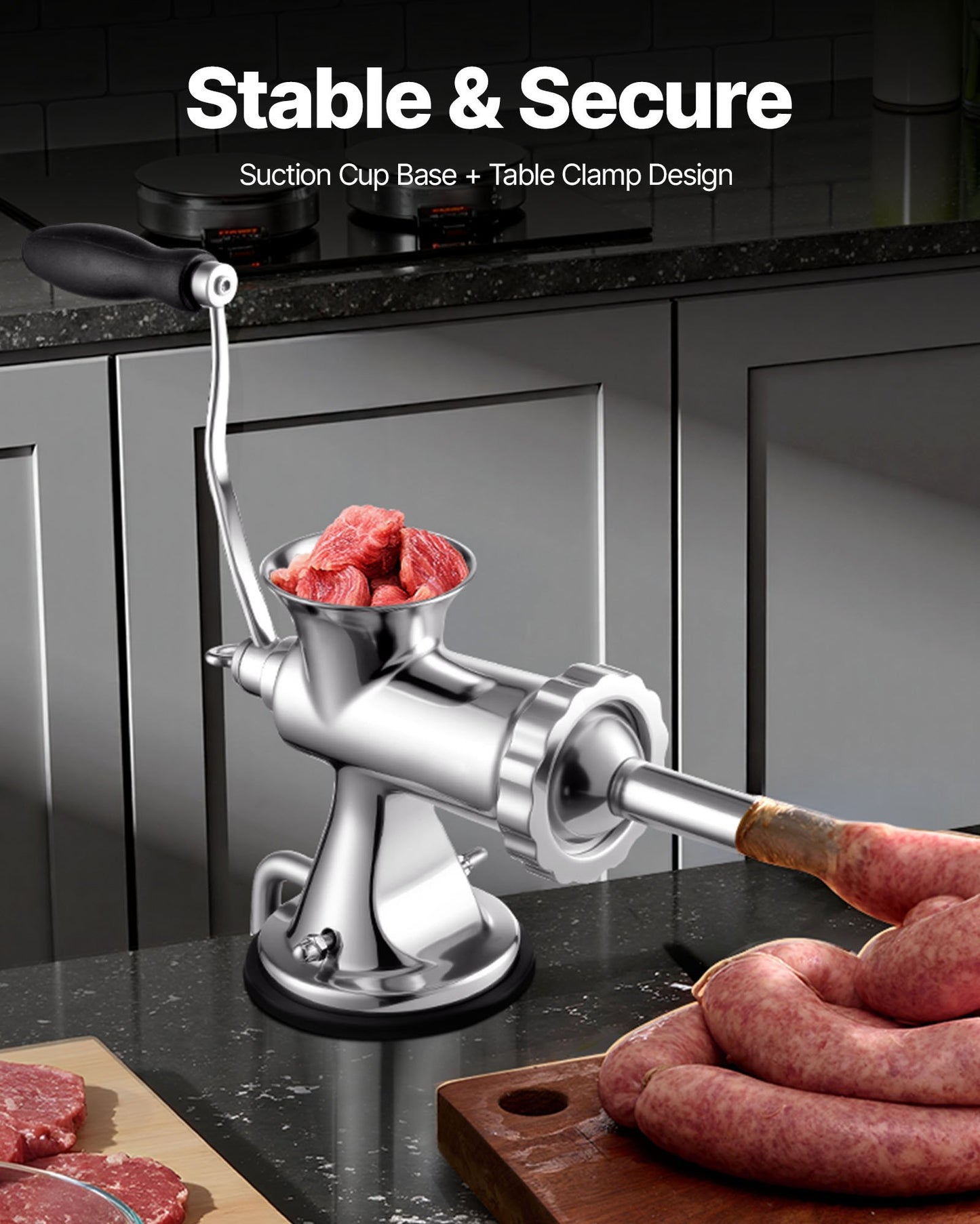 Manual Meat Grinder - Stainless Steel Hand Mincer with Suction Cup and Table Clamp