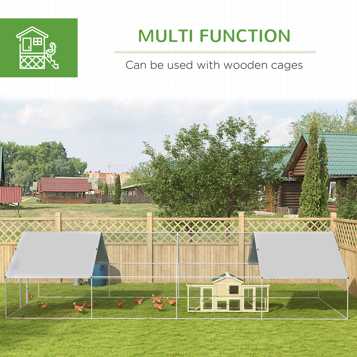 Large Metal Chicken Coop Run with Waterproof Cover - Outdoor Poultry Fence Cage, 1.3" Diameter, Silver