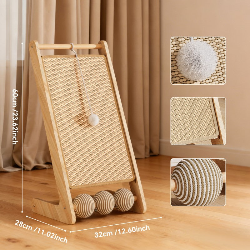 Vertical Sisal Cat Scratcher Post with Balls & Wooden Frame - Claw Care Toy