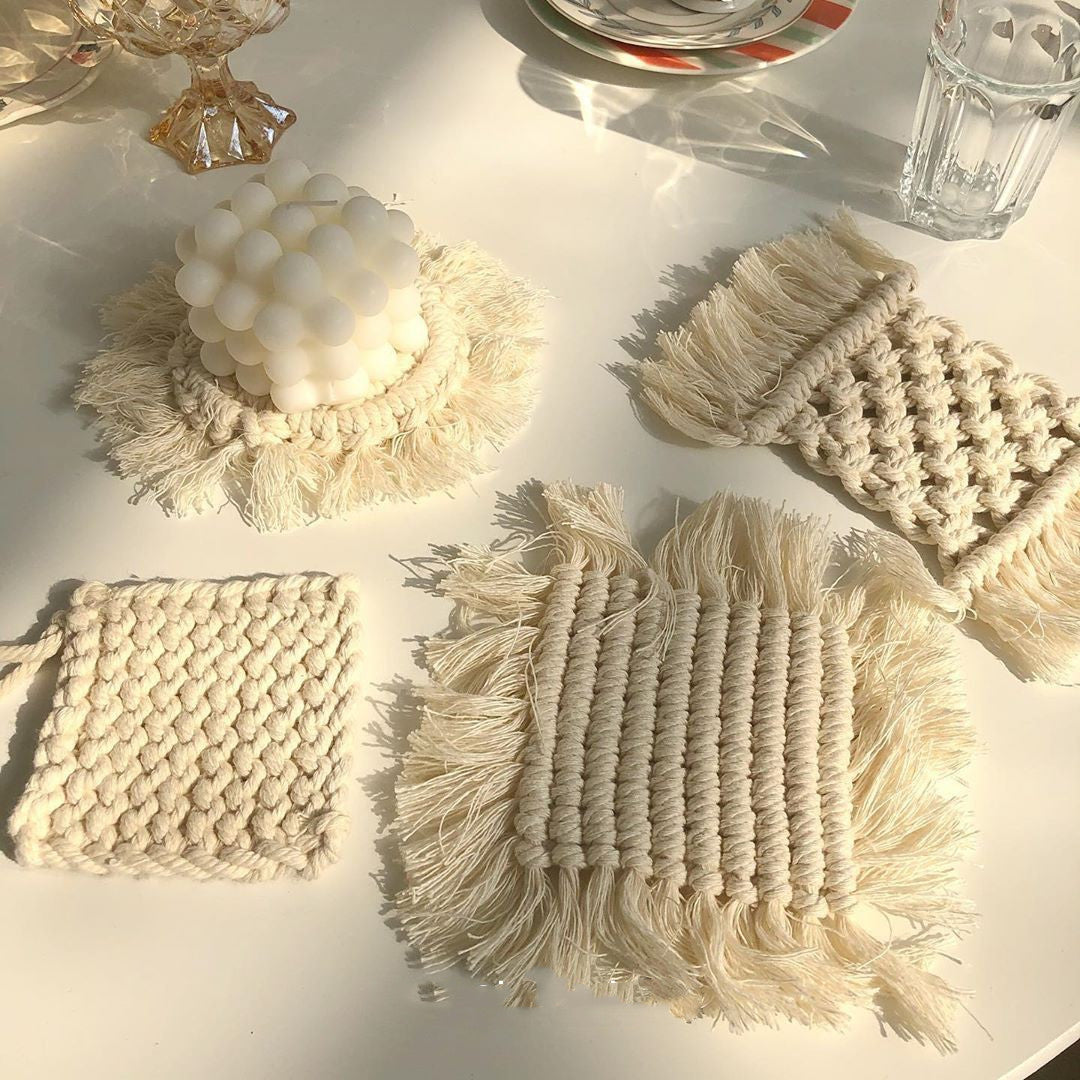 Handmade Cotton Woven Coaster & Tassel Placemat Set for Dining Table - Modern Home Decor