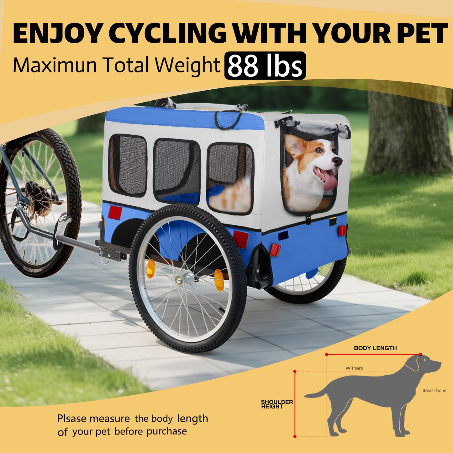 Heavy-Duty Folding Bike Trailer for Dogs with All-Terrain Wheels - Blue Gray