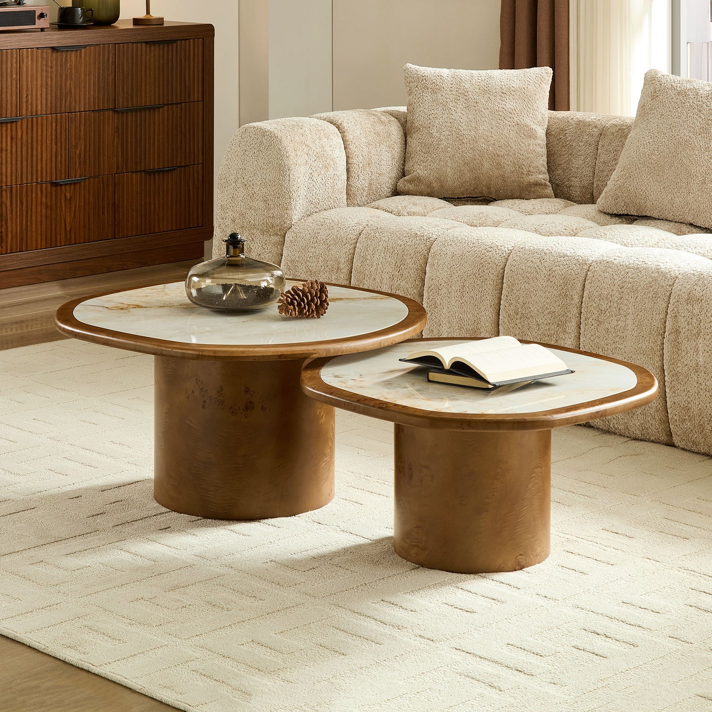 Irregular Coffee Table Set - 2 Piece Walnut MDF & Sintered Stone