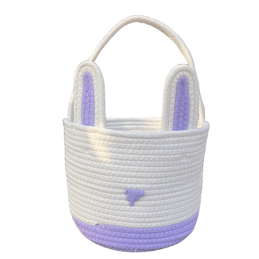 Easter Egg Handwoven Cotton Basket with Cartoon Rabbit Design – Multi-Color Storage Bag