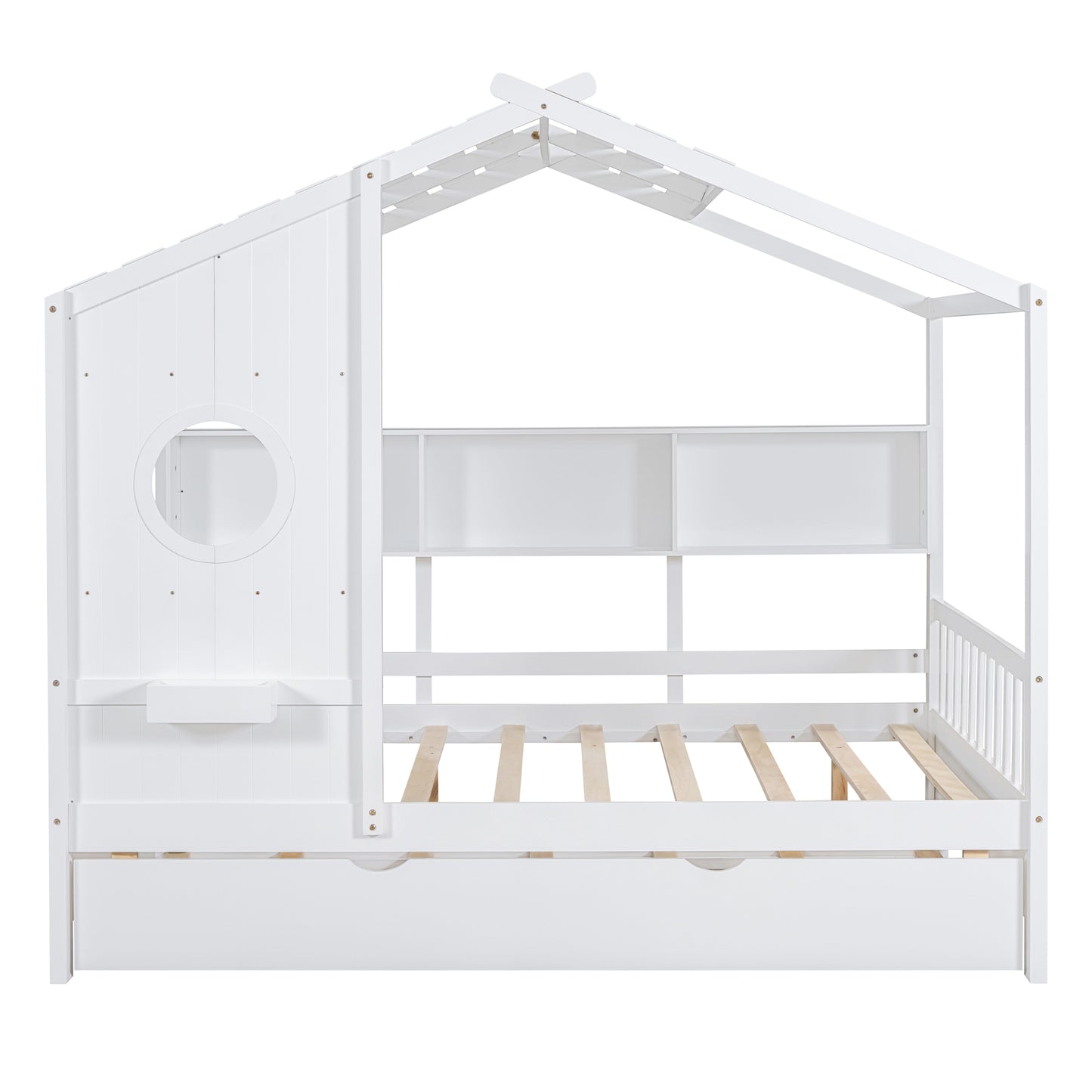 Wooden Full Size House Bed With Trundle, Modern Design For Kids