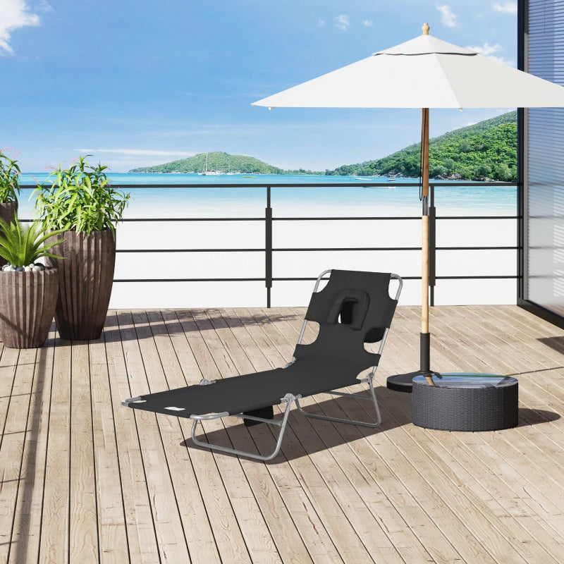 Adjustable Folding Chaise Lounge Chair with Face Cavity - Black