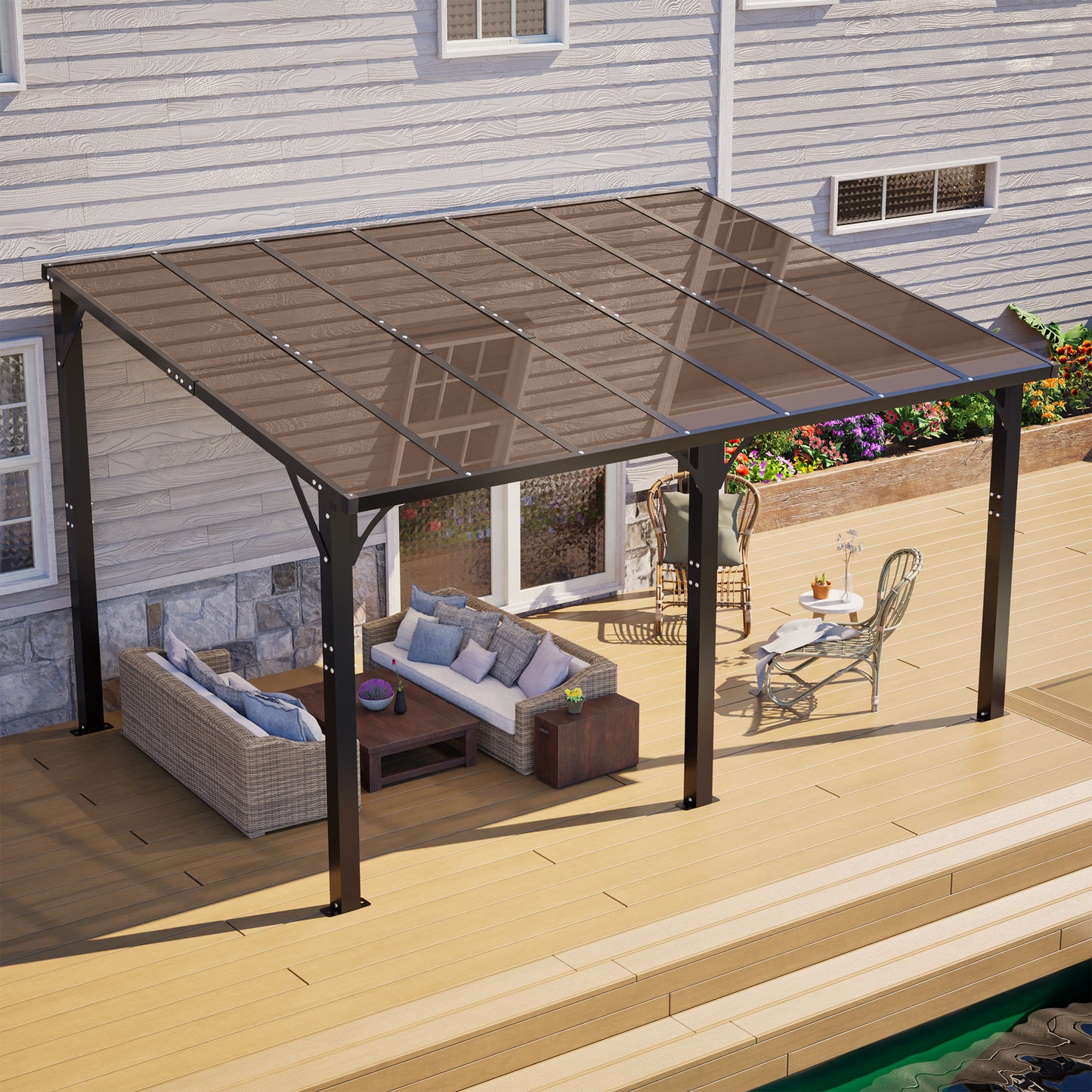 14x10 FT Hardtop Gazebo with Polycarbonate Roof - Brown