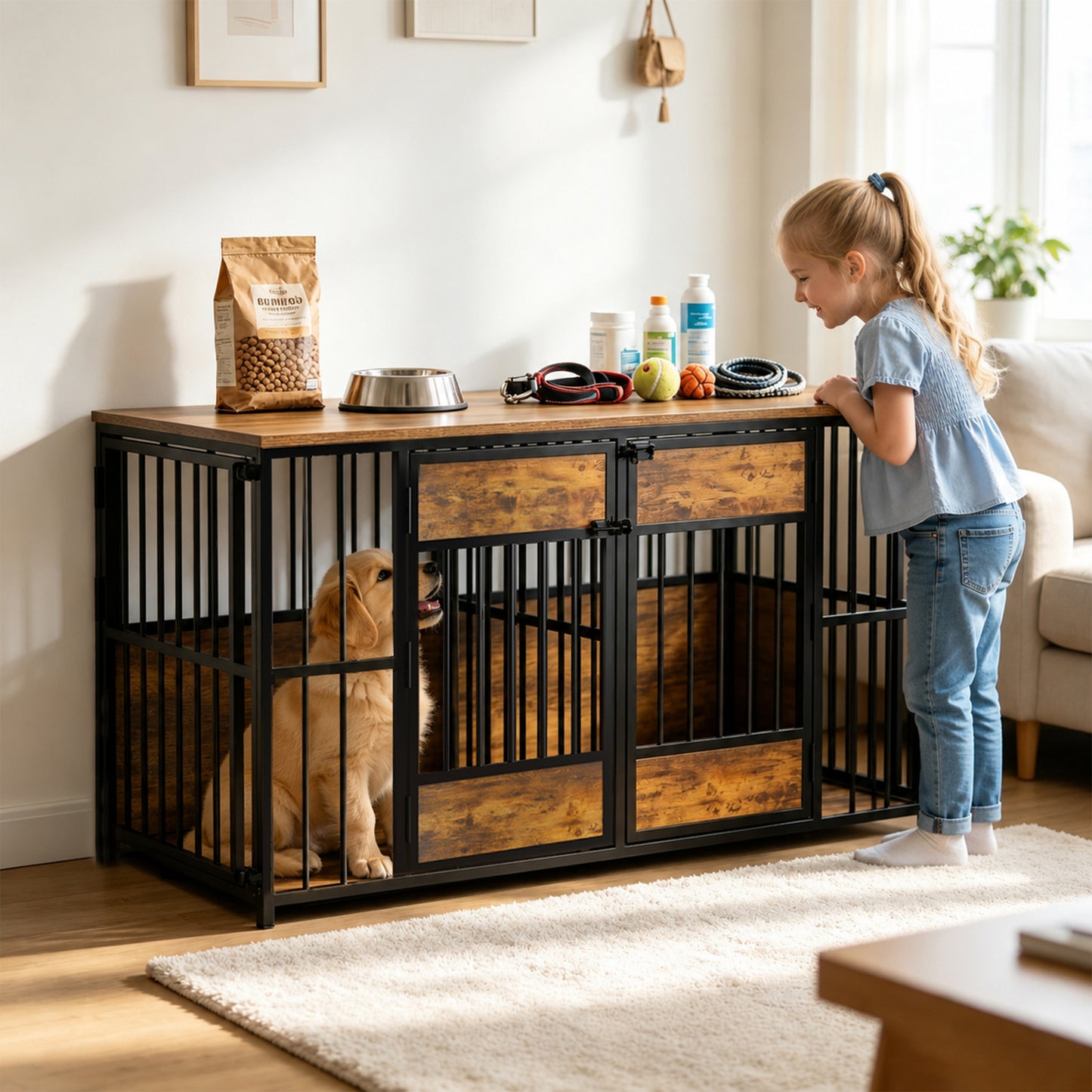 Large Wooden Dog Crate Furniture with Storage Top, Indoor Pet Kennel