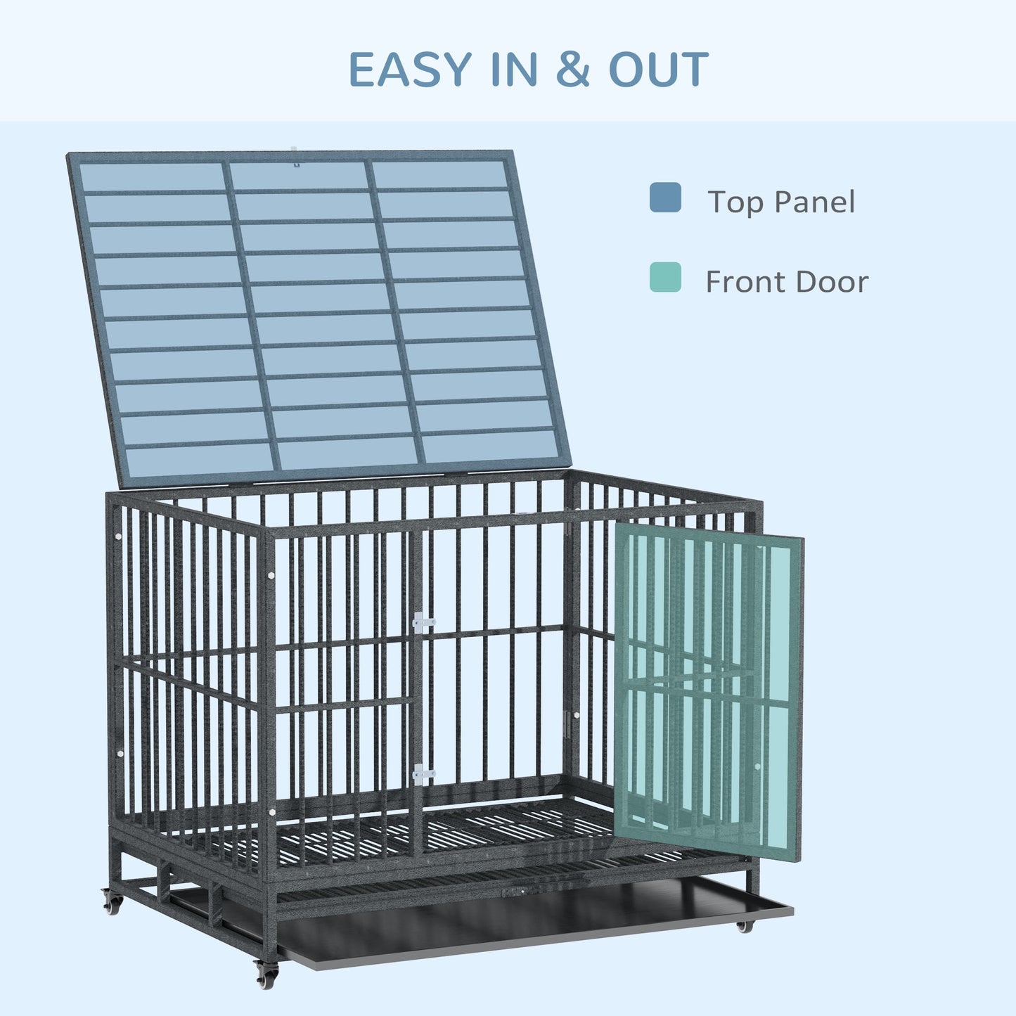 Heavy Duty Dog Crate Metal Cage with Lockable Wheels & Double Doors - 43 Inch Gray