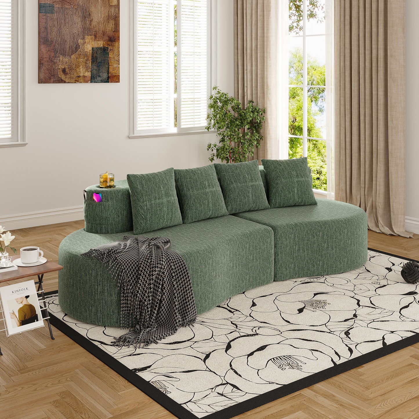 Modern Curved 3-Seat Sectional Sofa - Elegant Half Moon Design, Green