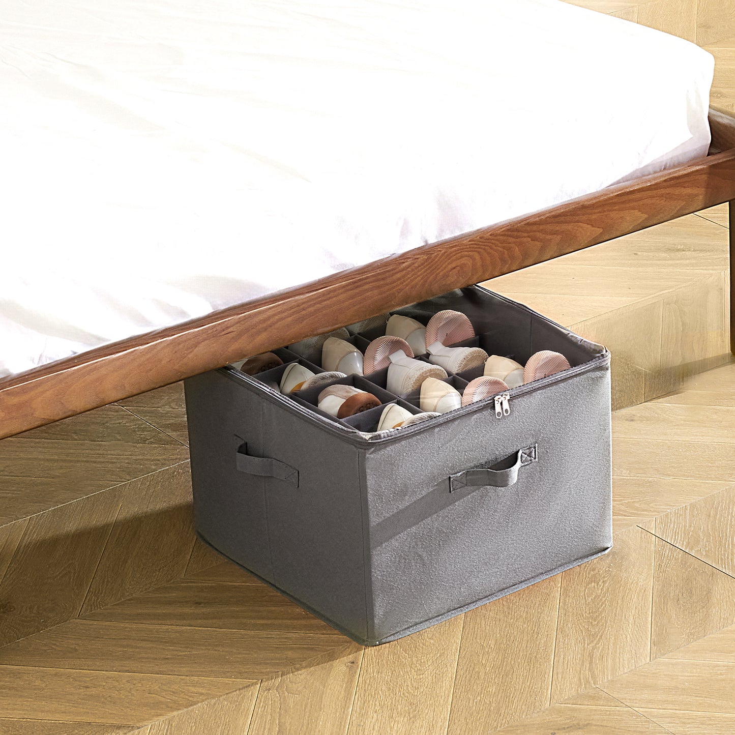 Under Bed Shoe Storage Organizer with Adjustable Dividers - Grey