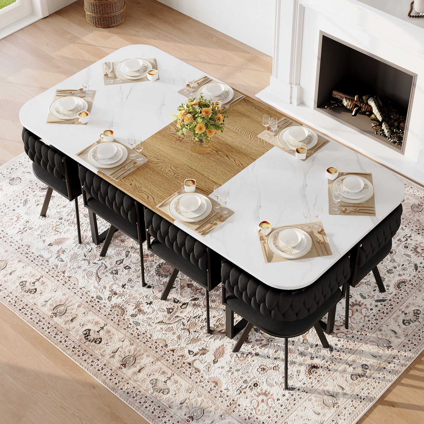 9-Piece Square Dining Table Set, Fixed White Faux Marble & Wood Grain