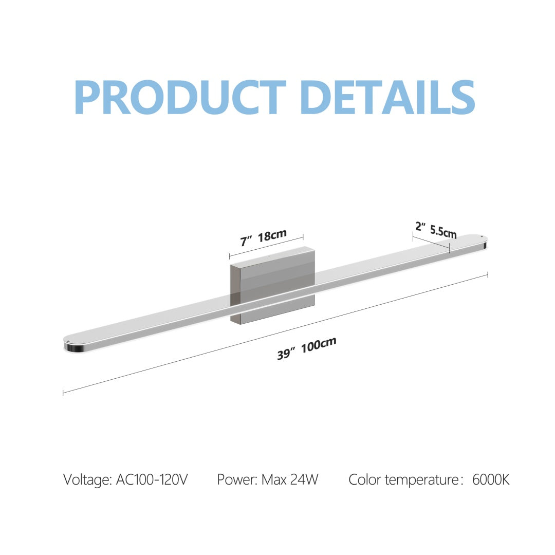 39-Inch Chrome LED Vanity Light Fixture - Dimmable Bathroom Lighting