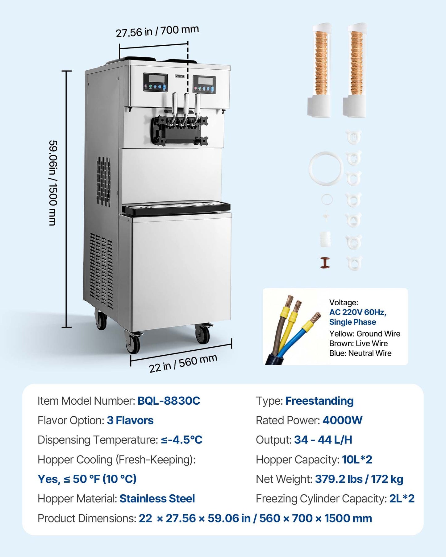 Commercial Ice Cream Machine 34-44L/H Dual Compressor Freestanding Soft Serve Maker with 2 10L Hoppers & 3 Flavors