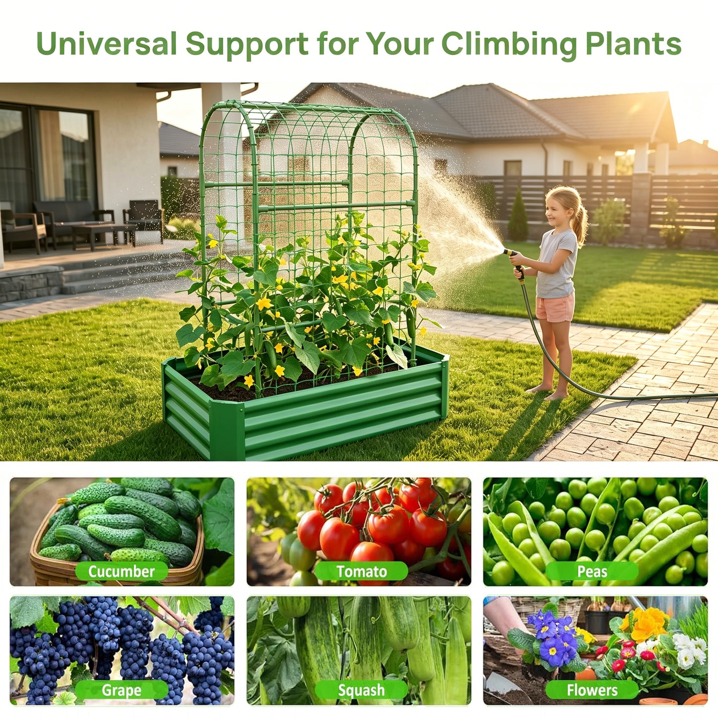 2-in-1 Raised Garden Bed with 59" Tall Trellis - Green