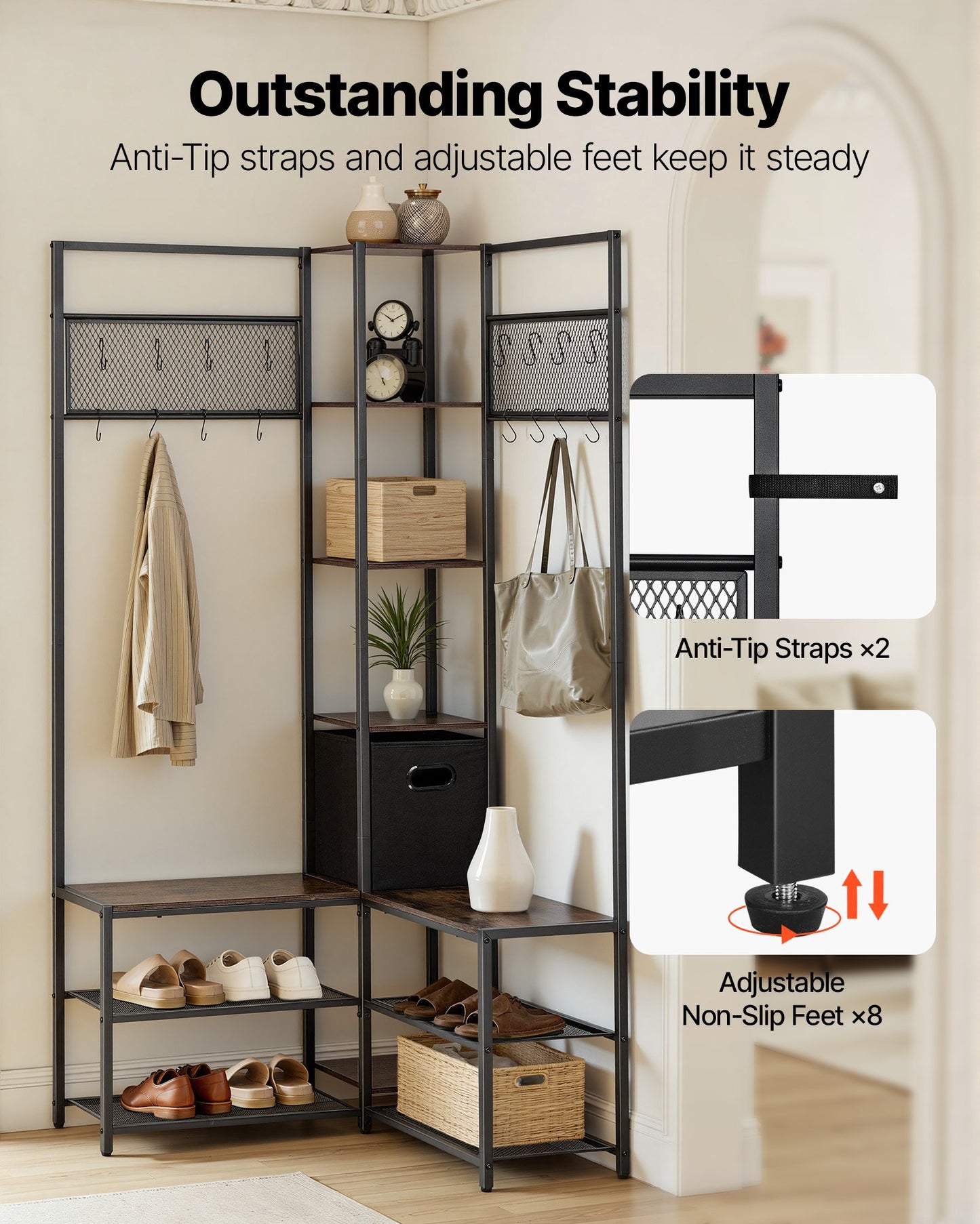 Corner Coat Rack with Shoe Bench and Hooks - Rustic Brown, 70.9 Inches