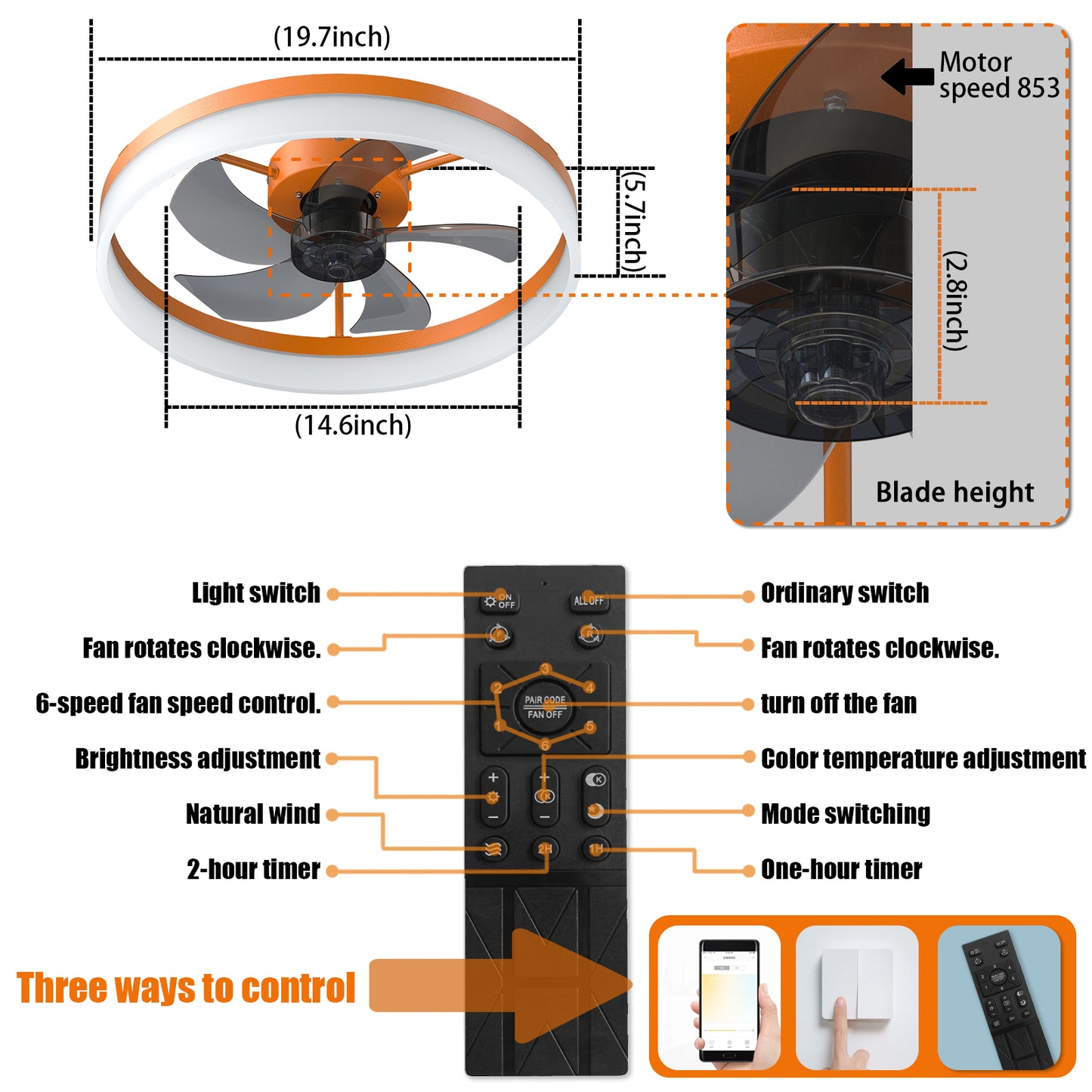 Dimmable LED Ceiling Fan with Lights - Thin Modern Design, Orange