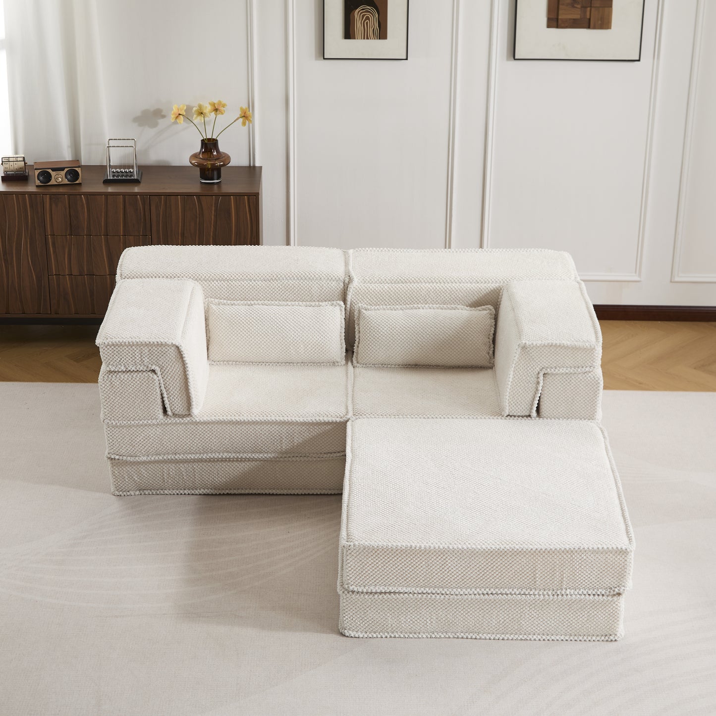 Convertible Floor Sofa Bed - White Modular Sectional with Ottoman