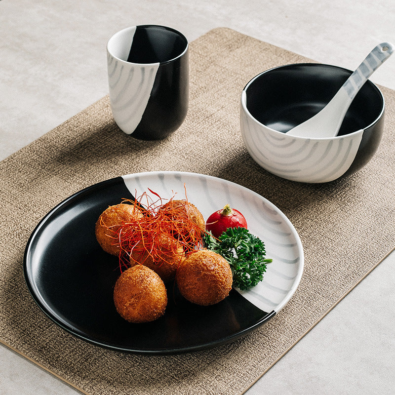 Ceramic Dinnerware Set with Bowls Cups & Spoons - Black & White