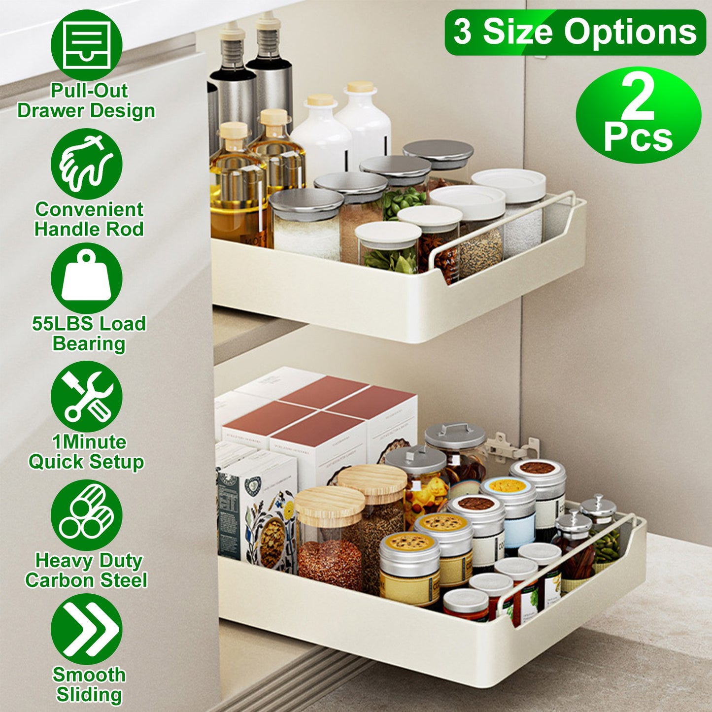 2Pcs Pull Out Cabinet Organizers Sliding Shelf Spice Rack Carbon