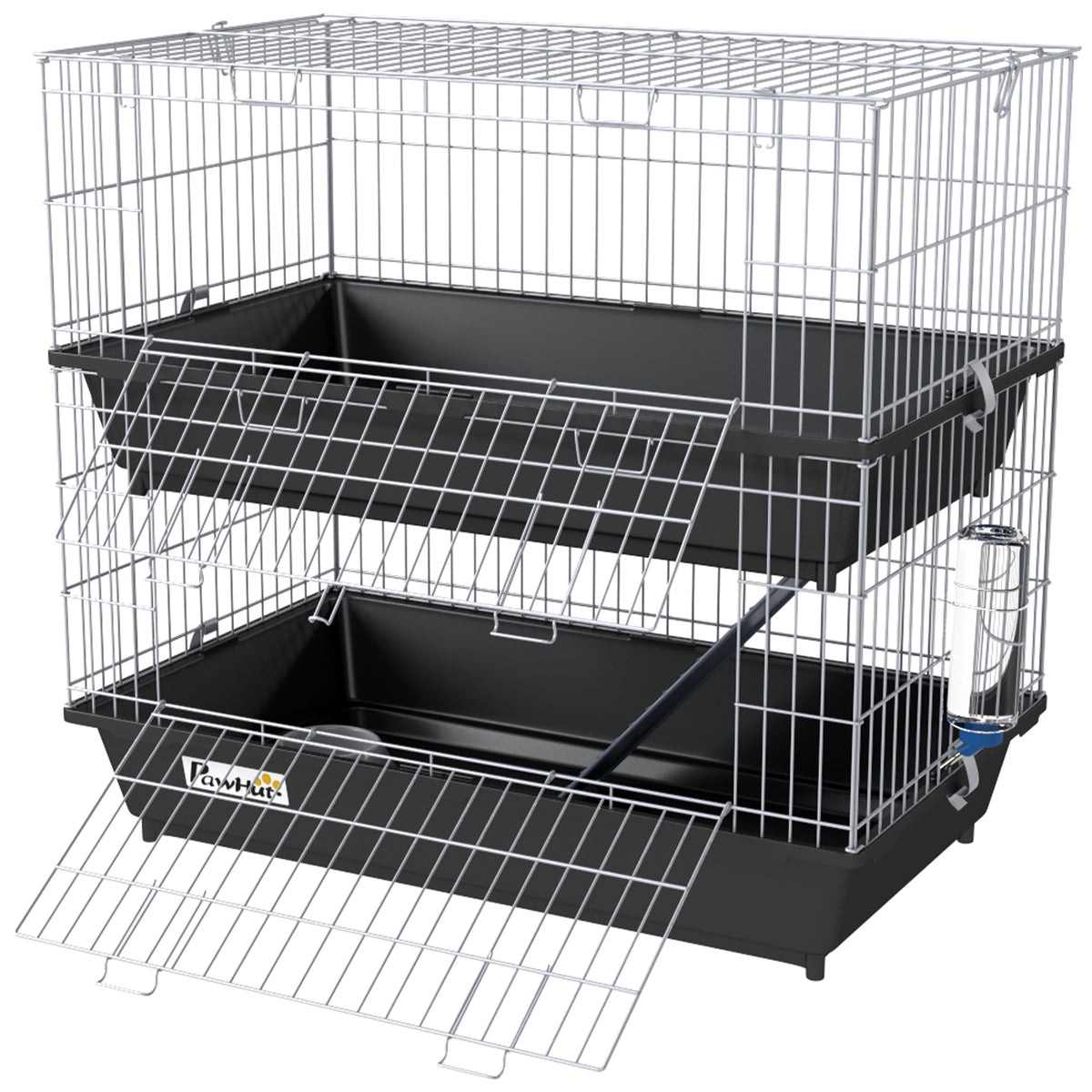 Small Animal Cage 2-Tier with Doors, Trays, Dish, Bottle & Ramp - Black, 750x470x220mm