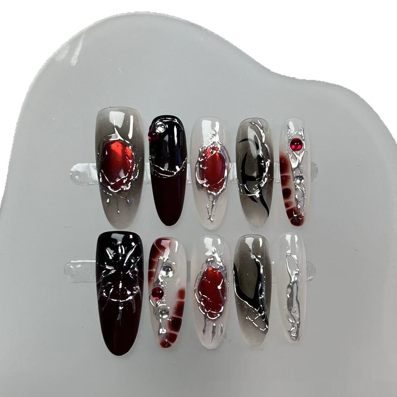 Black and Red Gradient Handmade Wearable Nail Art Kit - Prolate Ellipse XS-L