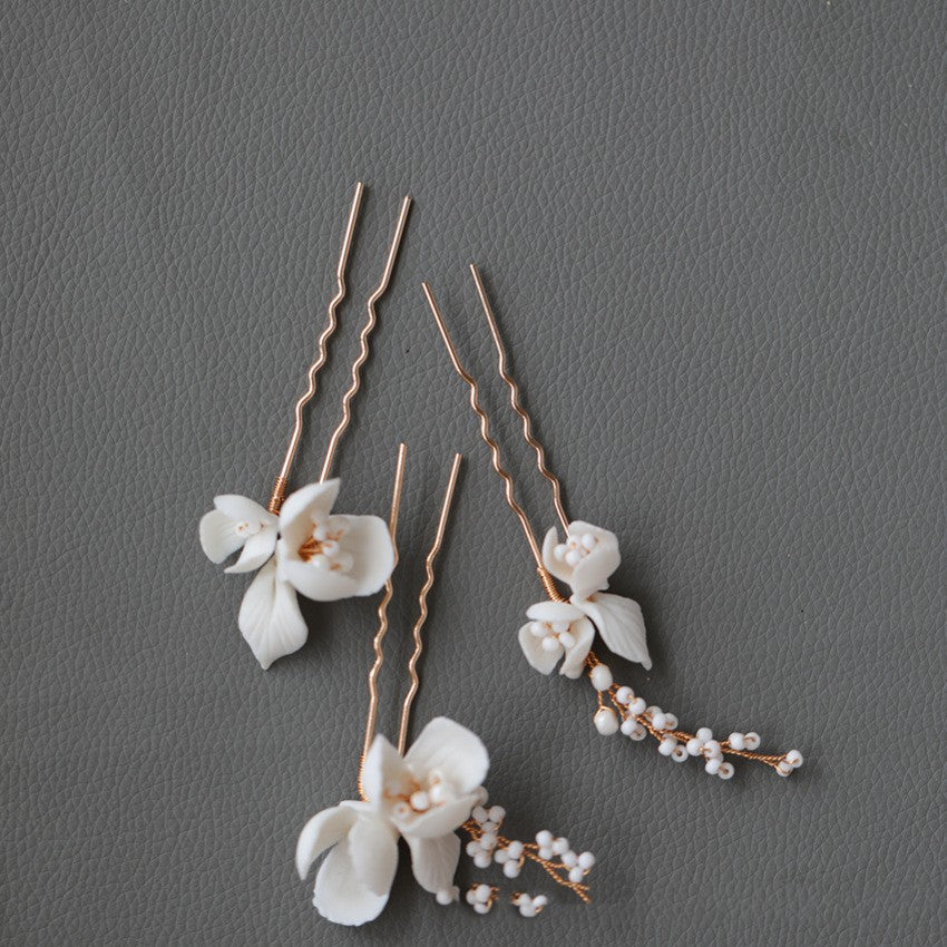 Handmade Ceramic Flower Beaded Hair Forks Hair Accessories Set