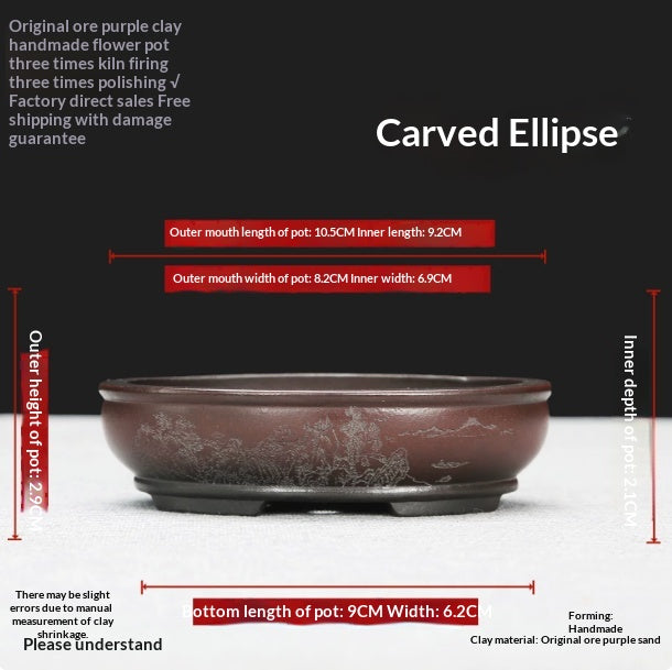 Miniature Bonsai Pot with Elliptical Design - Purple Clay Micro Bonsai Kiln Transformation