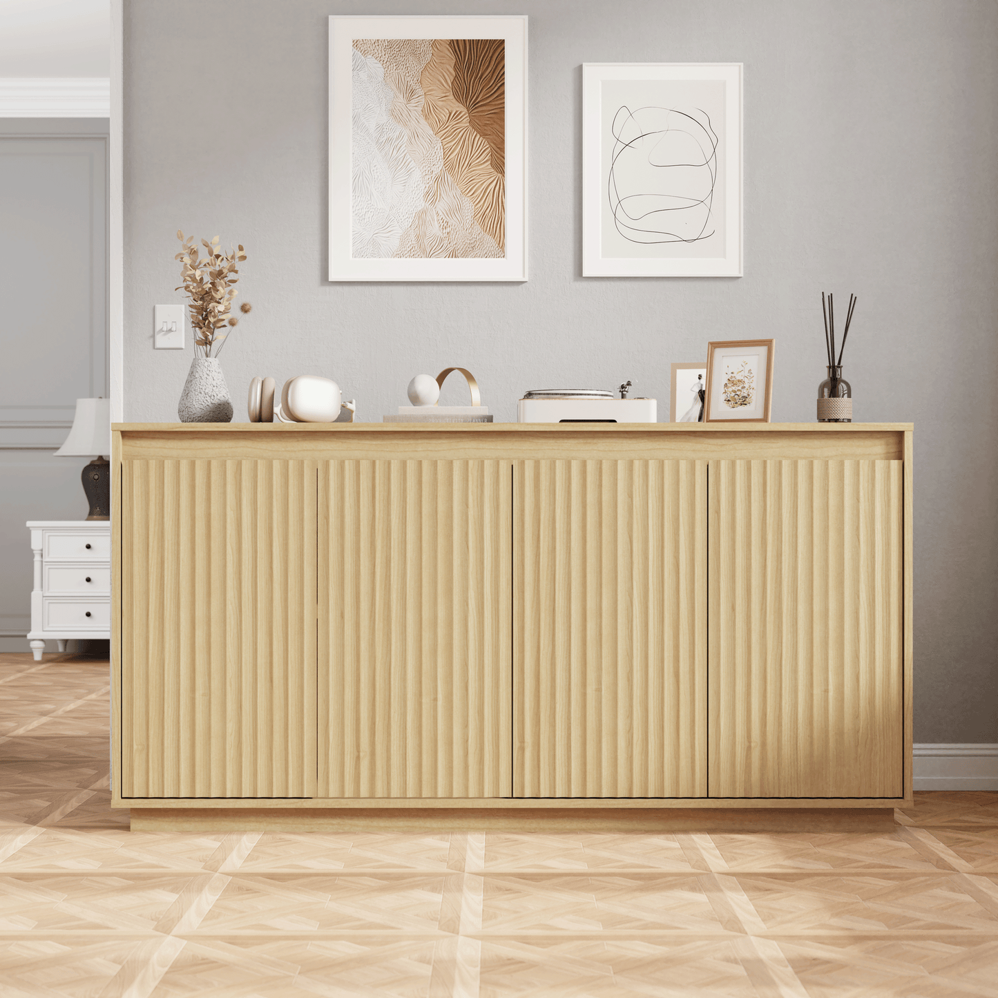 Natural 4-Door Sideboard Buffet Cabinet with Power Outlet