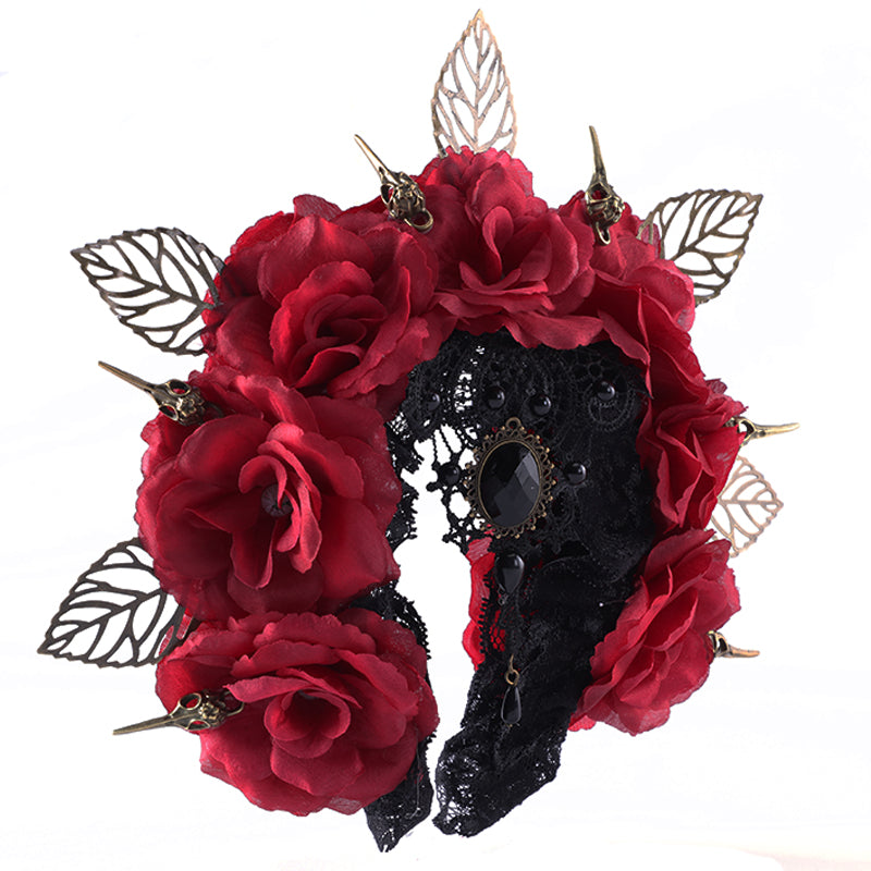 Dark Bird Bone Hair Hoop Crown - Retro Halloween Rose Design