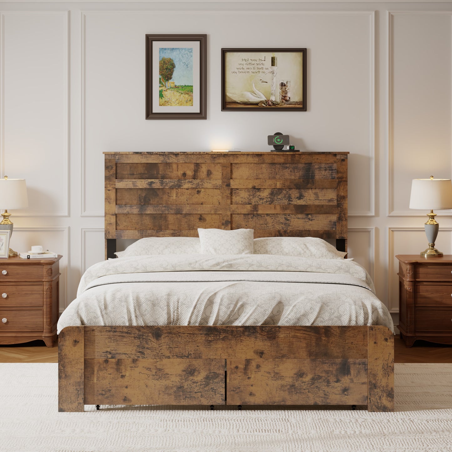 Full Rustic Platform Bed Frame with LED Headboard & Storage