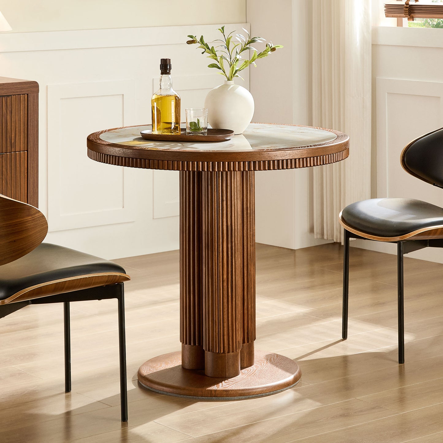 33-Inch Round Dining Table with Sintered Stone Top - Walnut