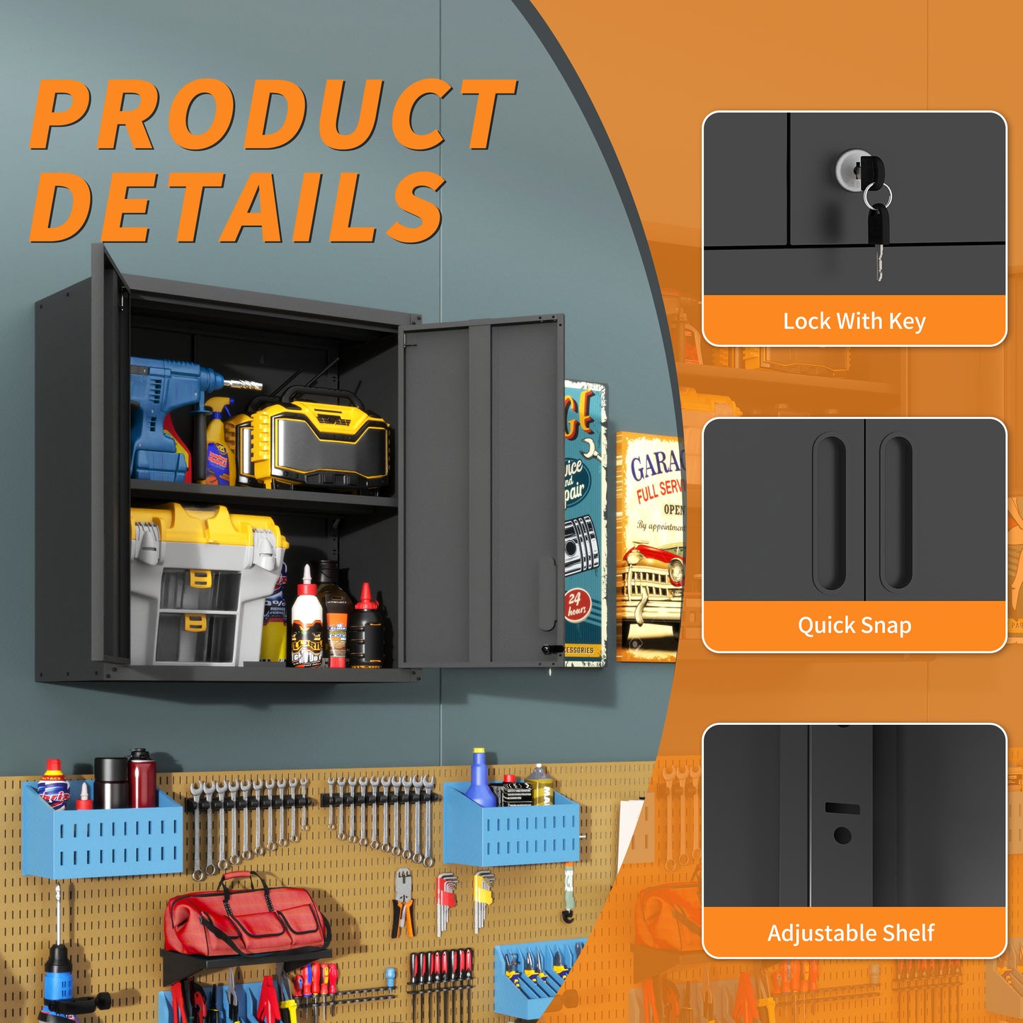 Metal Wall-Mounted Tool Storage Cabinet With 2 Locking Door 1
