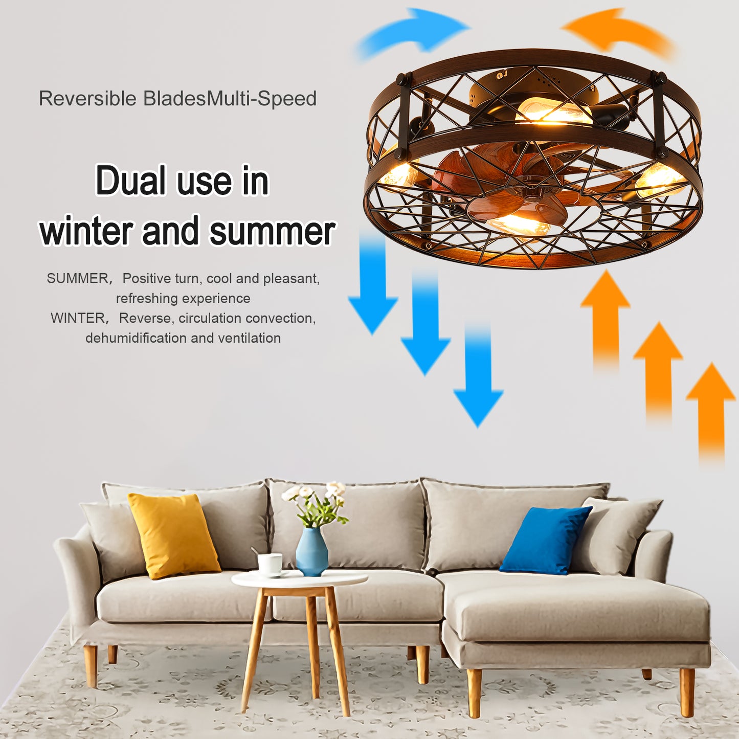 20-Inch Black Caged Ceiling Fan with Light Fixture - Farmhouse Style