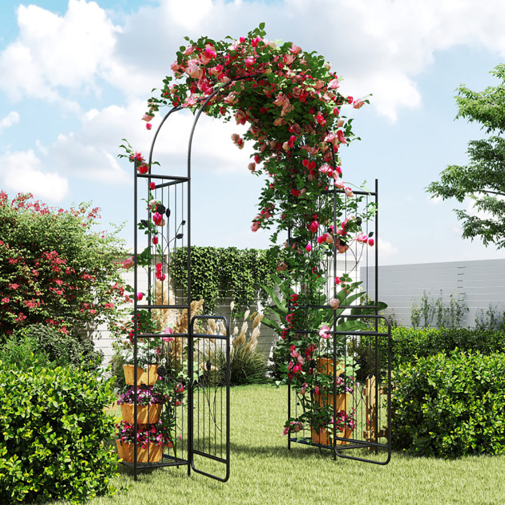 87 Inch Tall Garden Arch with Gate & Planter Shelves - Black