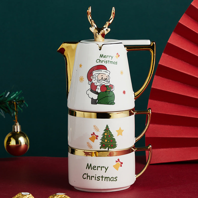 Ceramic Teapot Set with Cups and Plates - Christmas Elk Design, Portable & High-Temperature Resistant