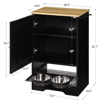 Pet Feeding Station with Storage Cabinets and Elevated Bowls - Black