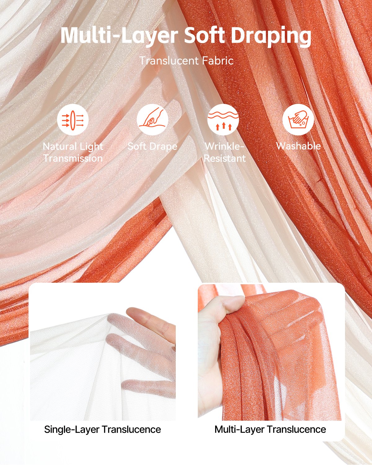 Artificial Wedding Arch Flowers Kit with 33ft Draping Fabric - Orange, Pack of 5