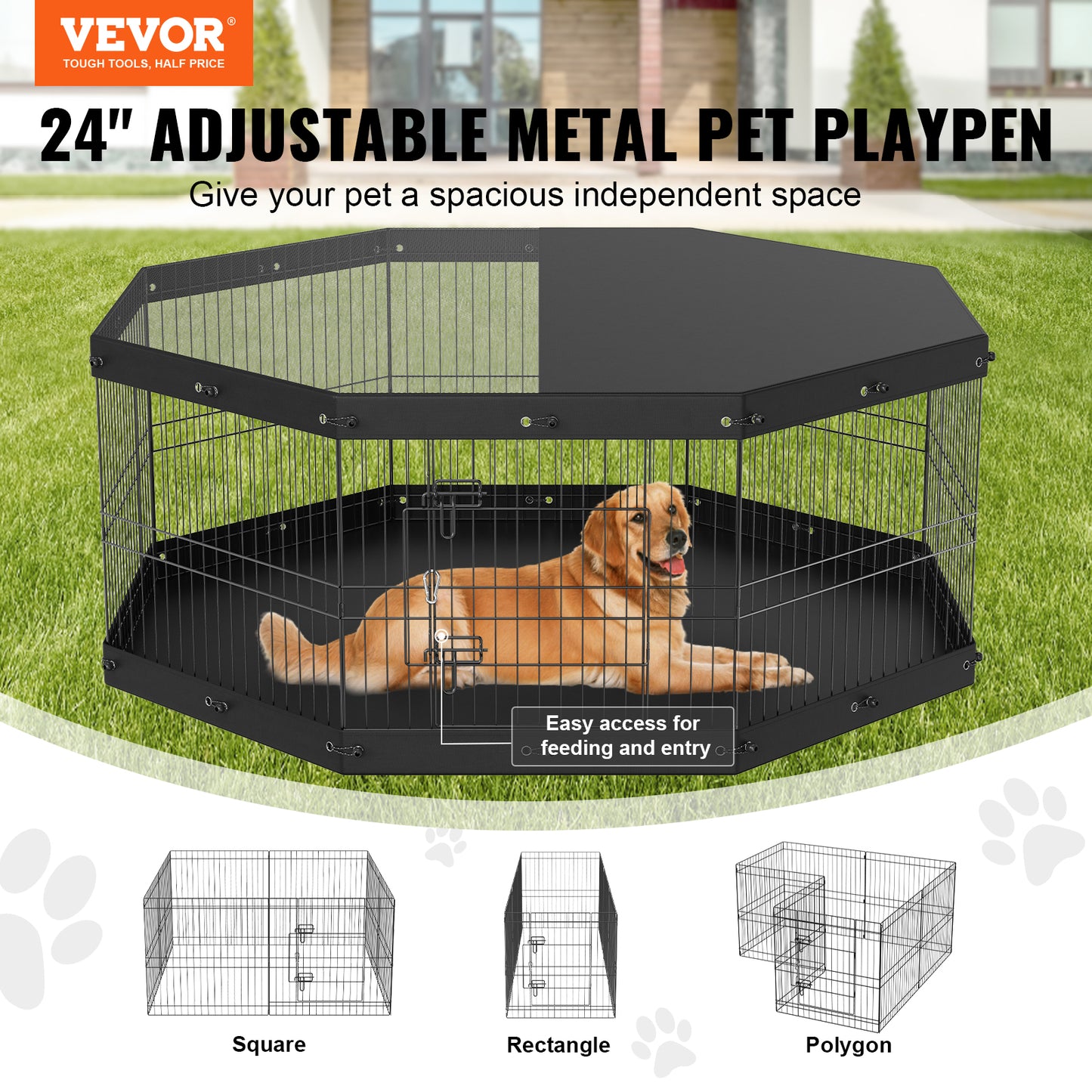 Foldable Metal Dog Playpen with Top Cover - 8 Panels, 24in H