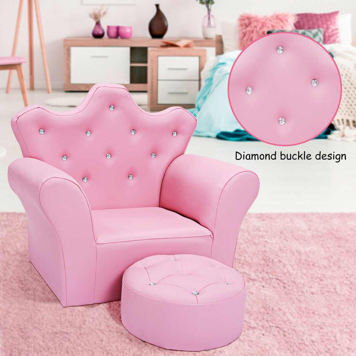 Kids Pink Sofa with Ottoman - Ergonomic Design, 110 lbs Capacity